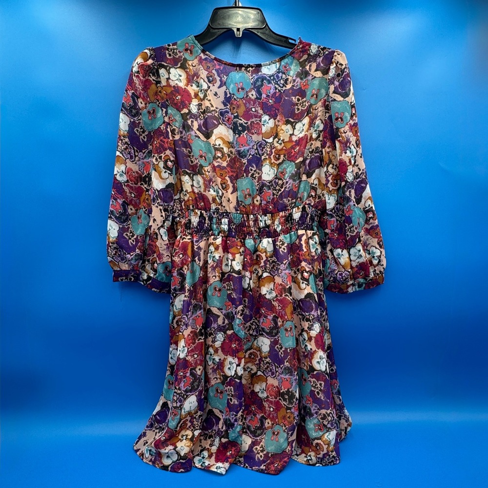GB Women Purple Floral Chiffon Smocked Waist V-Neck Mini Dress GB7330HMC Large - Picture 3 of 7